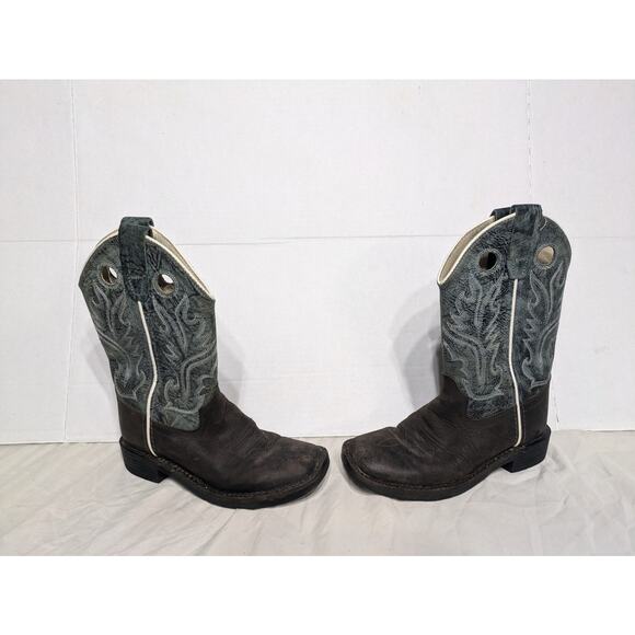 Old West BSC1884 Cowboy Boots Blue‎ Brown Leather Square Toe Little Kids Sz 13.5 - Picture 3 of 8